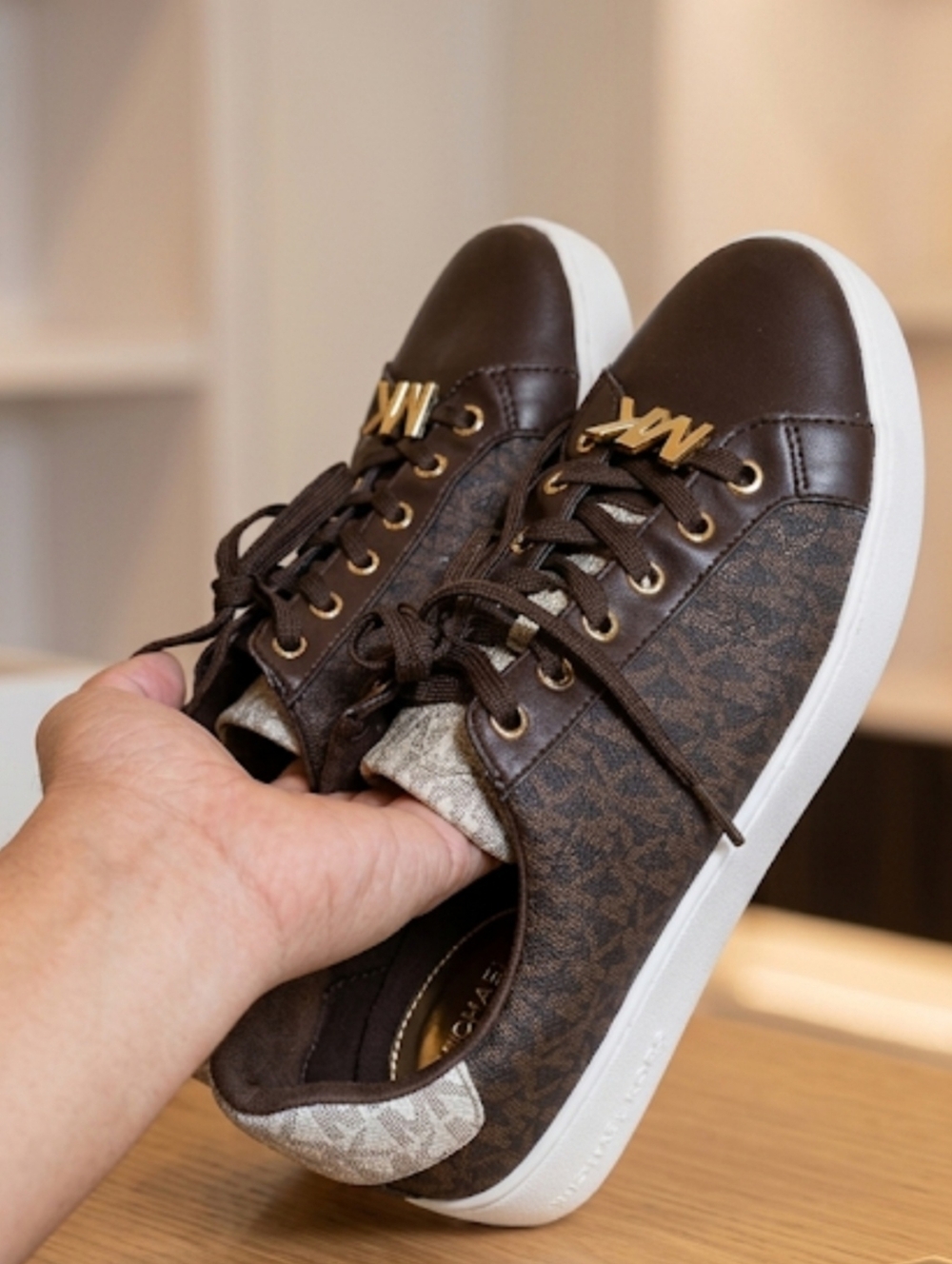 Michael Kors Dark Brown Logo Low-Top Sneakers with Gold Accents